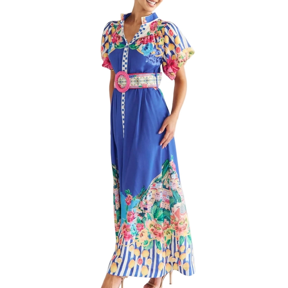 Garden Floral Button-Up Mock Neck Puff Sleeve Wide Belt Slit Front Maxi Dress - Picture 5 of 16